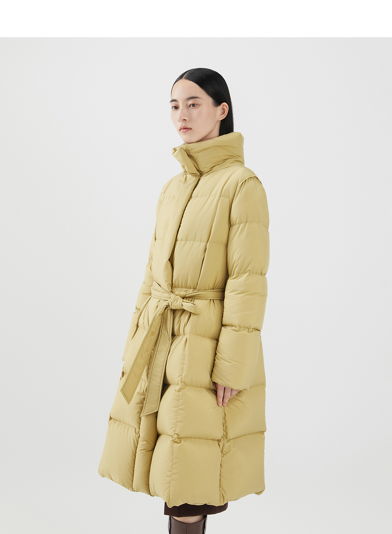 播冬新款舒适简约洋气立领白鹅绒配腰带宽松长款泡芙羽绒服女k40酱