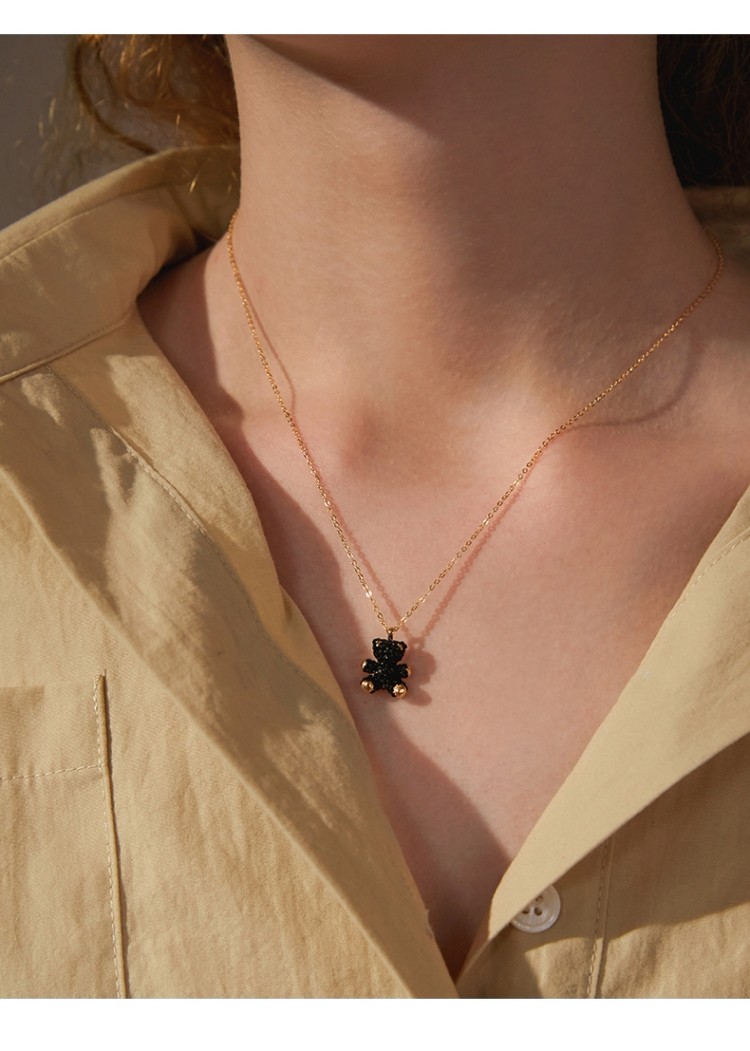 法玛莎925银黑色小熊项链可爱少女日系锁骨链潮网红颈链圣诞礼物送