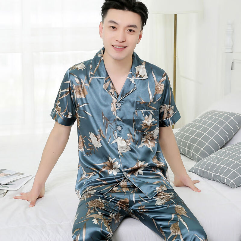 睡衣男夏季薄款短袖冰丝印花春秋天加大码男士仿真丝绸家居服套装058
