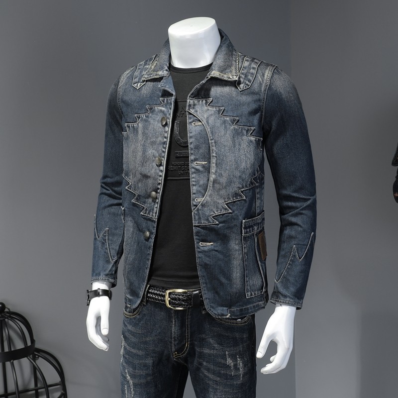 西部牛仔外套男修身潮流夹克男牛仔翻领个性飞行服中青年欧美街头机车