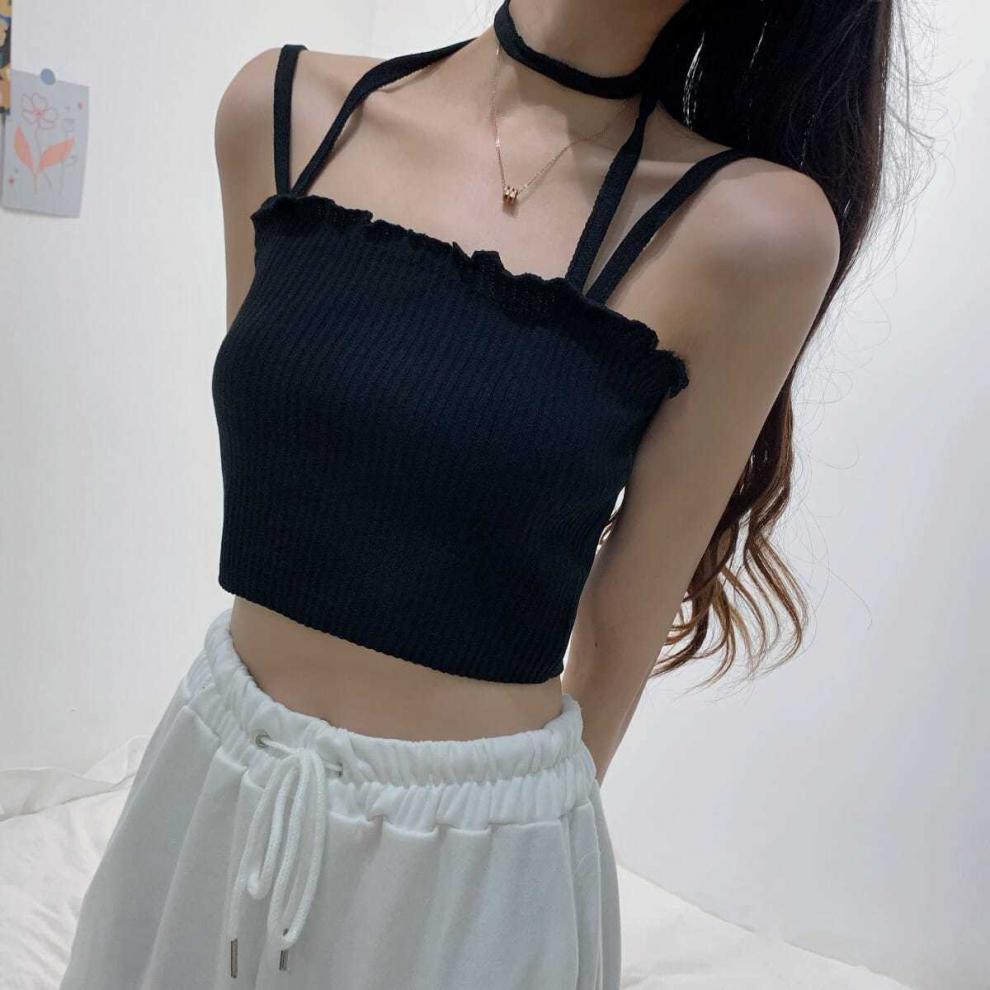 吊带背心打底薄款黑色吊带背心女夏季美背网红挂脖内搭打底短款辣妹