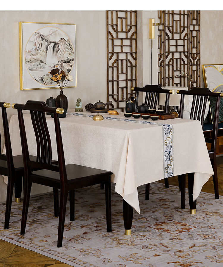 左余 新中式桌布古典中国风禅意茶几餐桌布艺古风蓝色米色茶艺茶席