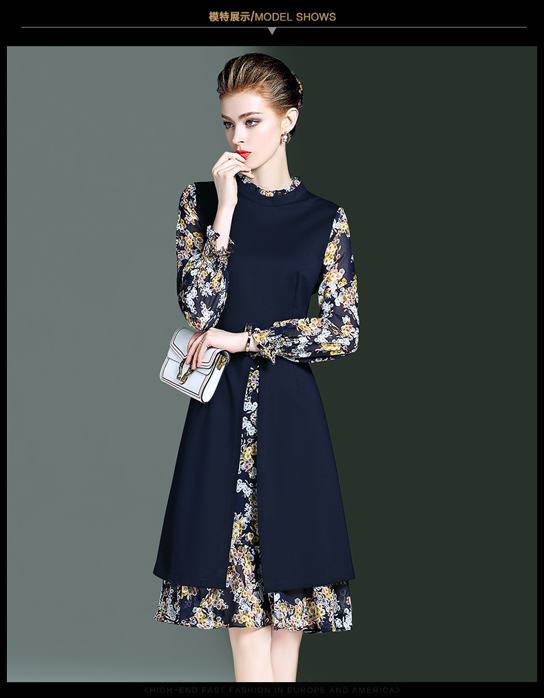 高定品牌气质轻熟风裙子收腰2020春秋季新款印花假两件长袖连衣裙女