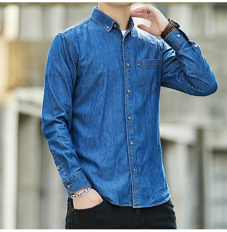 官方方少风春秋季牛仔衬衫外套男日系复古修身长袖薄款衬衣潮男士牛仔