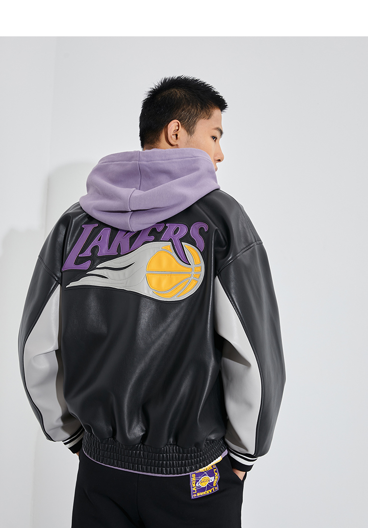 杰克琼斯nba联名湖人队春季男士时尚百搭棒球领皮衣夹克外套男 e40