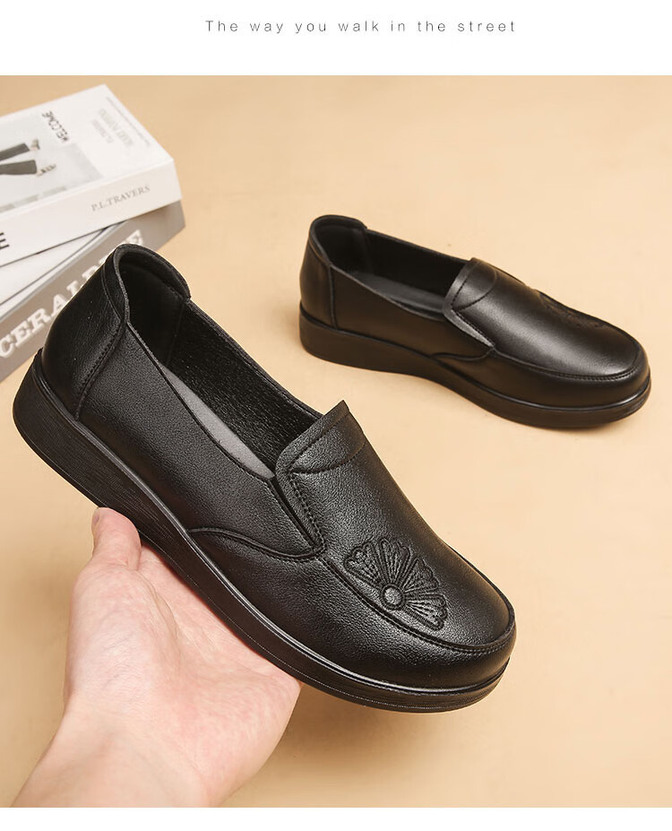 EGCHI Mom Shoes, Casual Top-Grain Leather, Soft-Soled Flats, Non-Slip Flat Walking Shoes, H2167, Black, Size 36 16