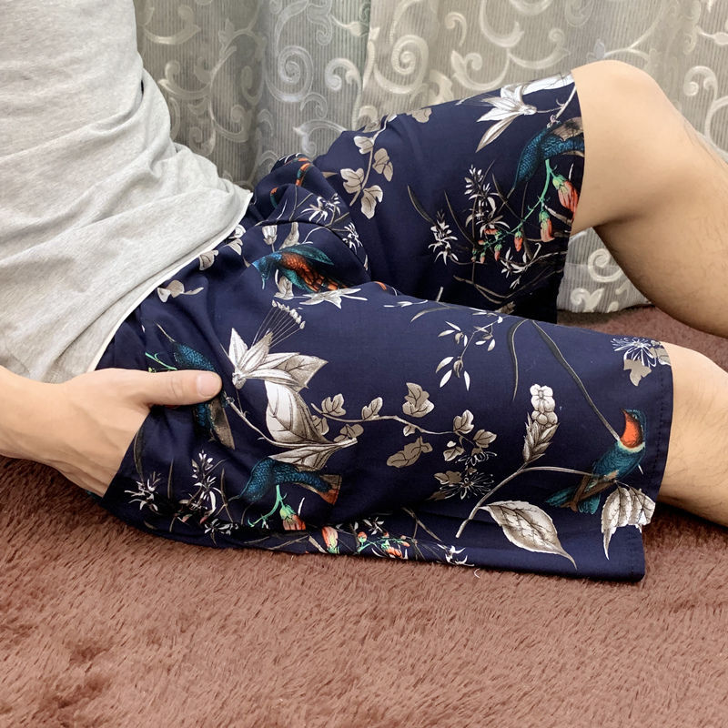 2020夏季男士睡裤薄款家居绸短裤绵绸大裤衩宽松大码人造裤子黑色xl