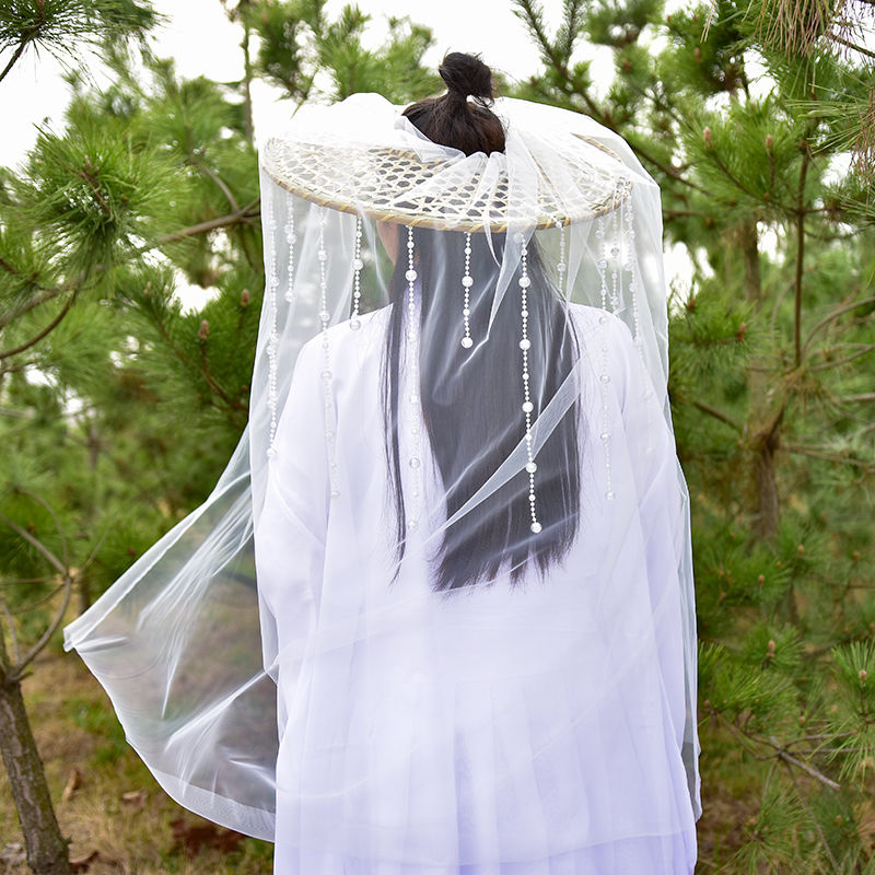 心墨染新品面纱古风古装帽子面纱斗汉服帽子女斗笠古风流苏水晶帘帷幕