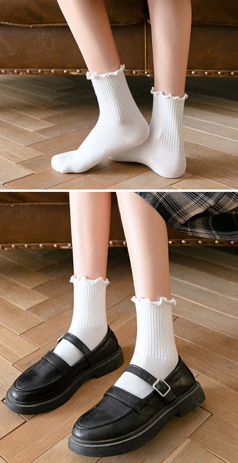 奶白色木耳花边jk袜子女夏春秋纯棉中筒袜可爱日系ins潮黑色长袜 均码