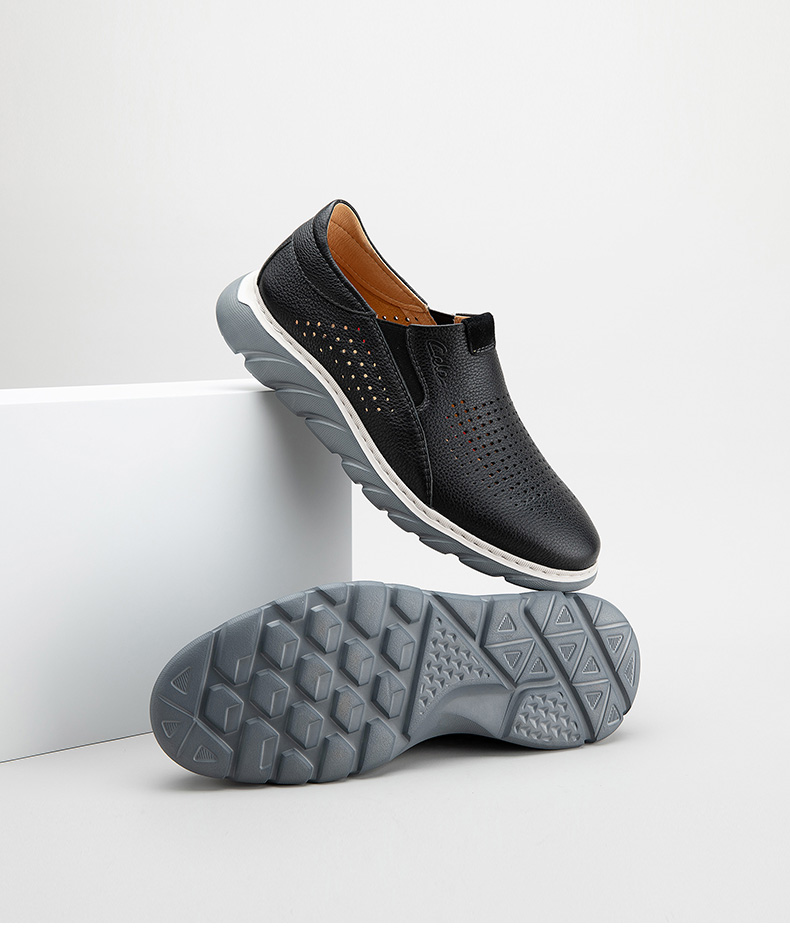 cele/策乐男鞋2022夏季透气休闲皮鞋男真皮镂空套脚软底一脚蹬鞋 黑色