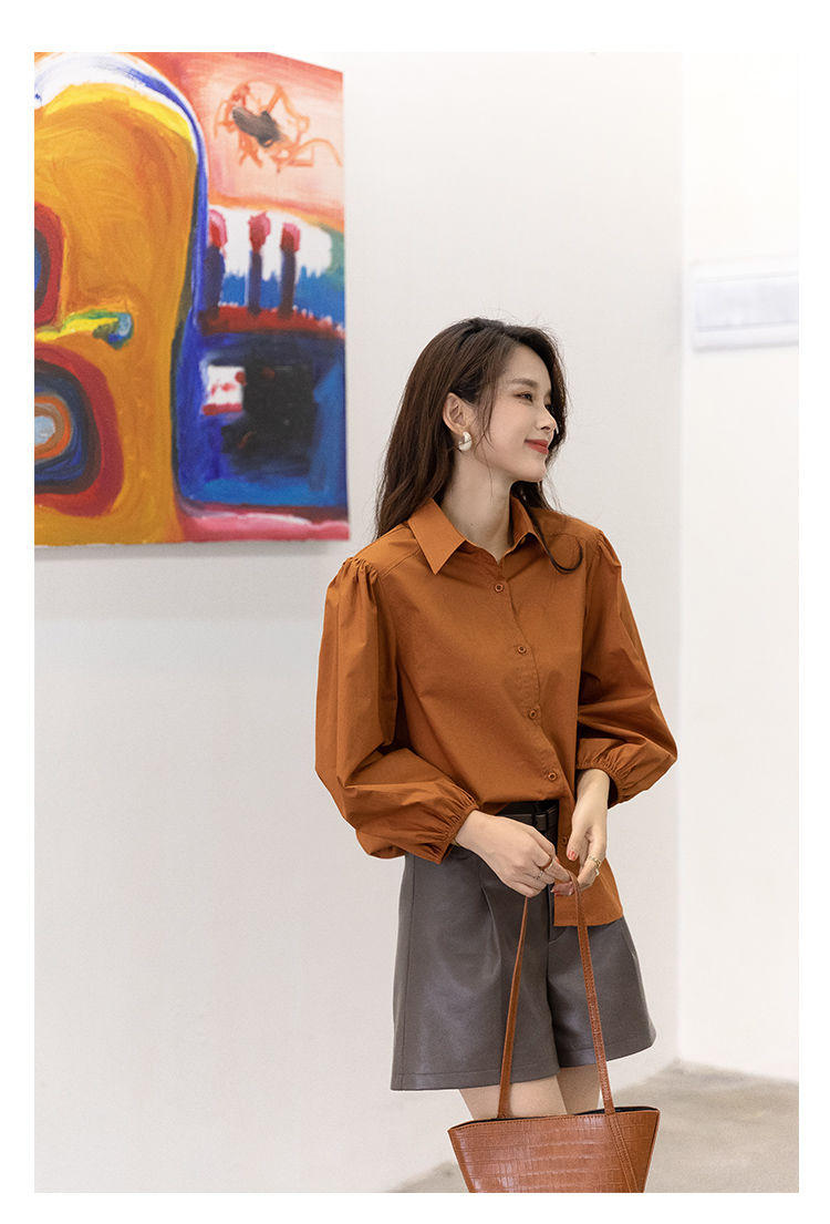 新款长袖衬衫宽松显瘦女2021春秋季新款韩版气质橘色衬衣外套上衣9月