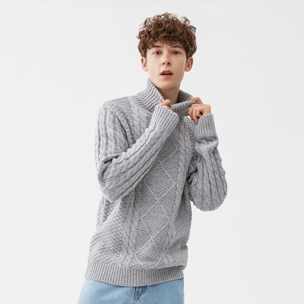 美特斯邦威高领毛织衫男秋季新款宽松潮牌潮流保暖男套头衫毛衣白色m