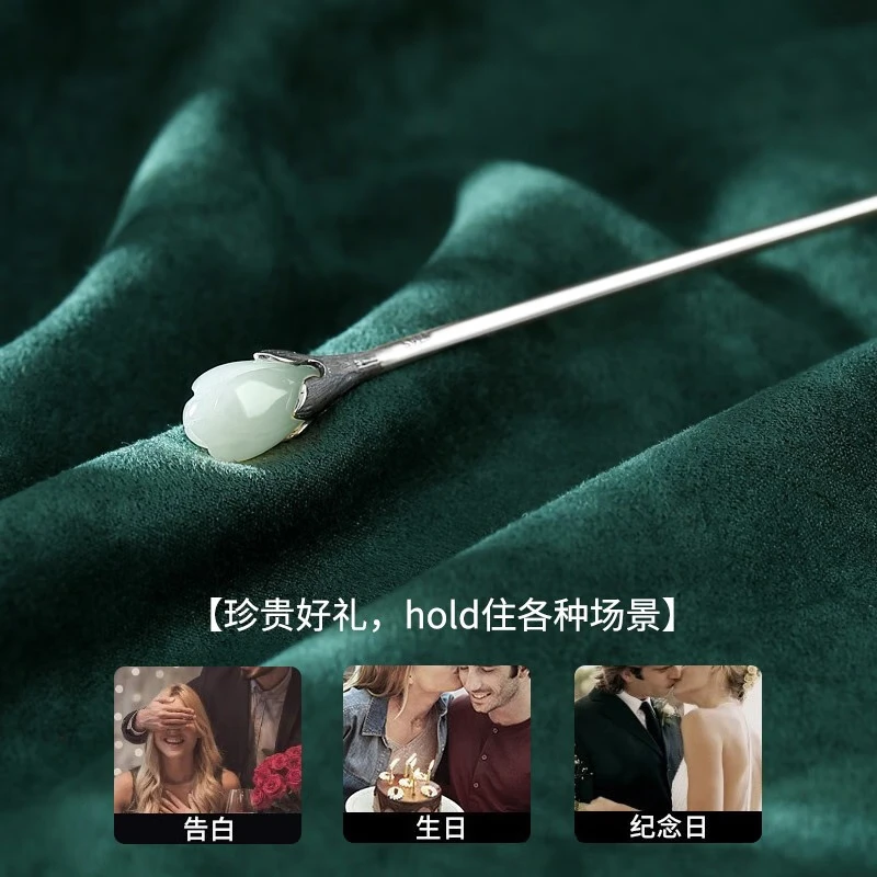 Chinese golden magnolia and Hetian jade silver hairpin, Chinese-style silver hairpin, birthday gift for girlfriend and wife, wedding anniversary [delivered today/the next day] Magnolia and Hetian jade hairpin thumbnail 6
