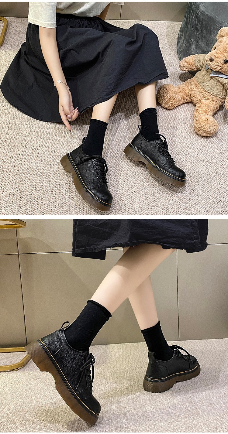 plover小皮鞋女2021春秋新款英伦风圆头厚底女鞋圆头休闲系带马丁鞋单