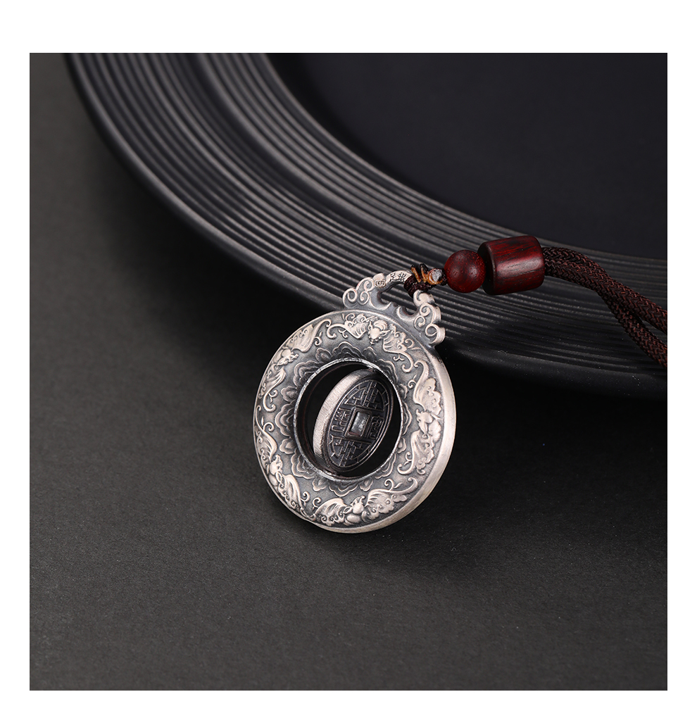 老银匠六字真言平安扣999足银项链送男友吊坠礼物复古中国风时尚银