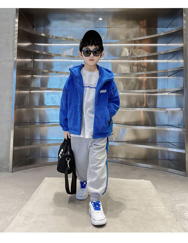 高品质童装春季套装儿童春装连帽外套2022新款百搭男童洋气华夫格休闲