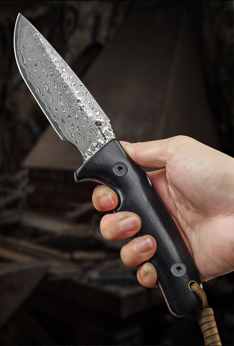 汉道大马士革户外刀具野外露营随身野营高硬度小刀洛克x黑檀木【图片 