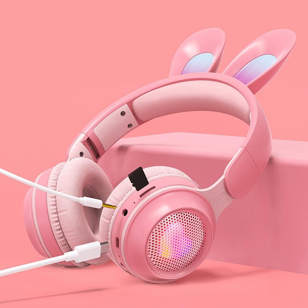 头戴式儿童耳机无线发光兔耳朵带长麦女生音乐牙耳机mdug粉纸盒包装