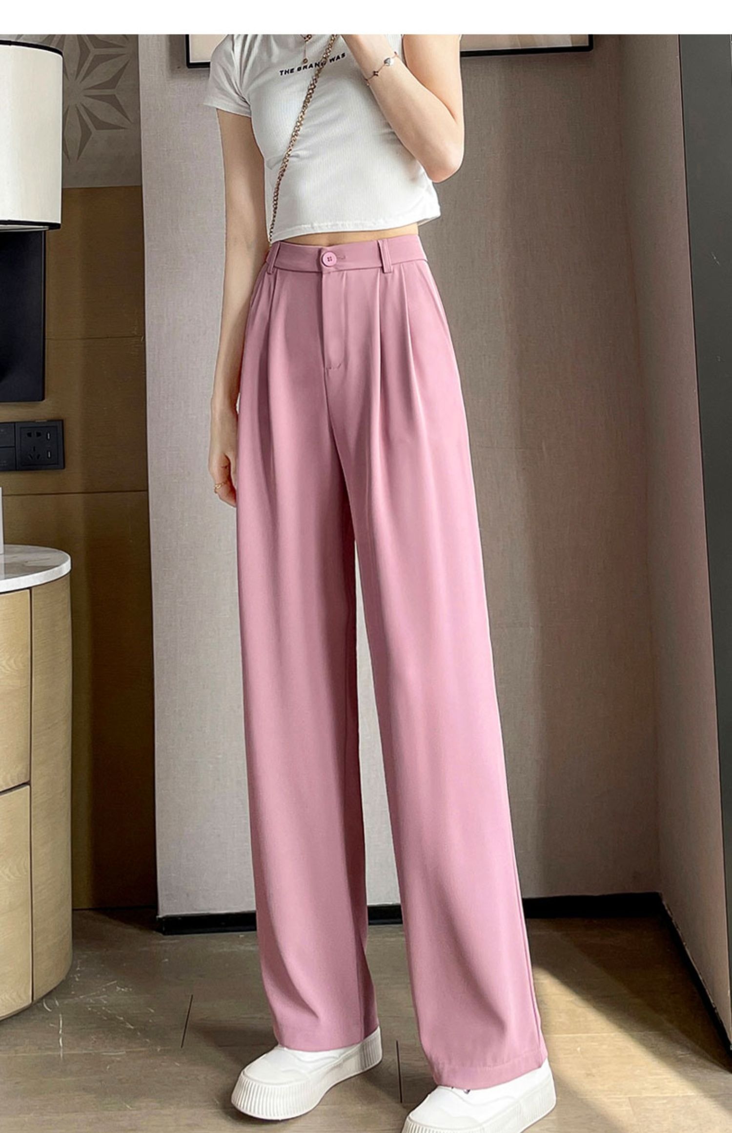 mostspot粉色高腰休闲裤女夏季薄款垂感显瘦长裤小个子高级感阔腿裤子