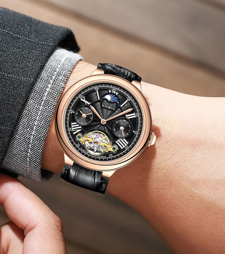knorvs/卡诺威斯高档男士机械手表多功能日月星辰腕表 礼盒包装送朋友