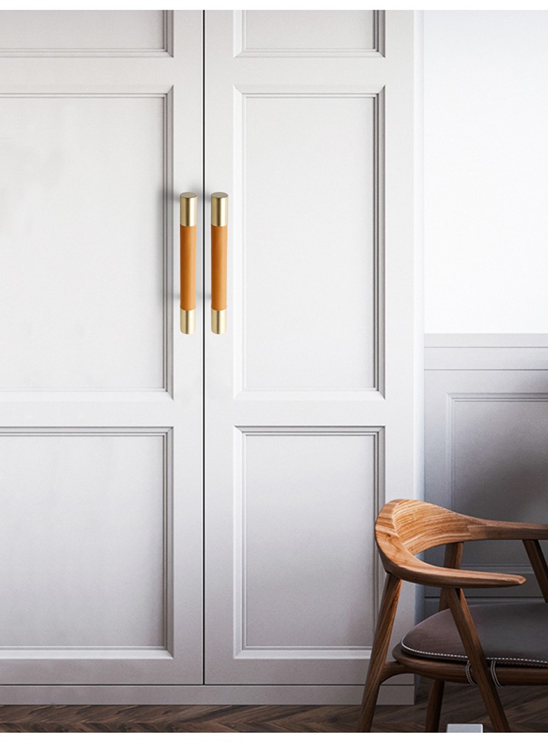 现代简约柜门纯铜皮质拉手橱柜衣柜子门把手欧式轻奢黄铜抽屉床头柜