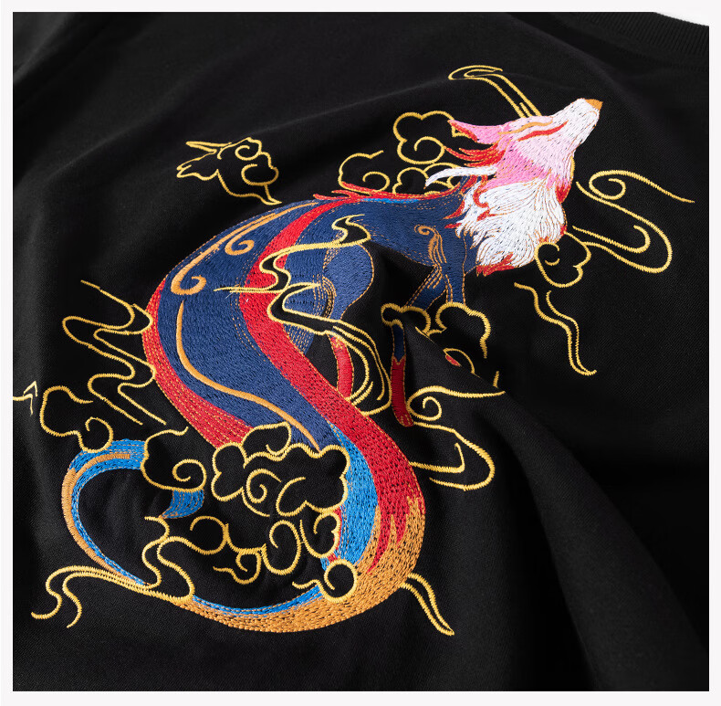 赫尔利潮牌 中国风圆领卫衣男秋冬潮牌九尾狐狸刺绣套