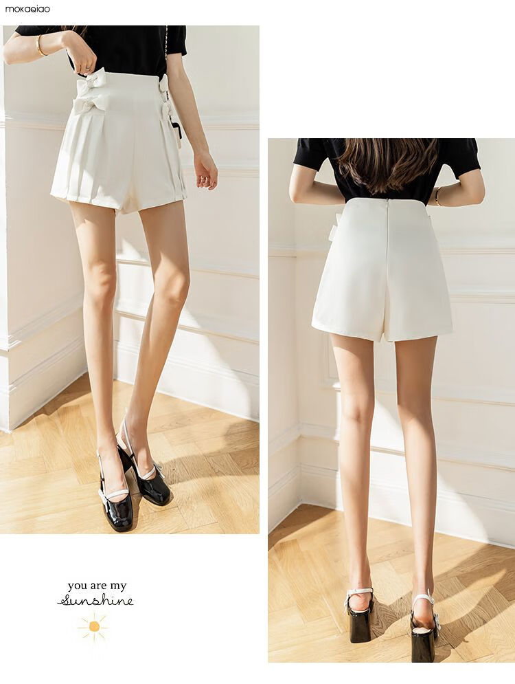 茉卡俏夏天女生新款蝴蝶结百褶短裤2022夏天高腰a字显瘦设计感女小众