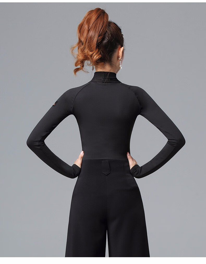 丹宝罗冬季舞蹈服女加绒加厚高领黑色成人摩登舞长袖拉丁演出上衣女