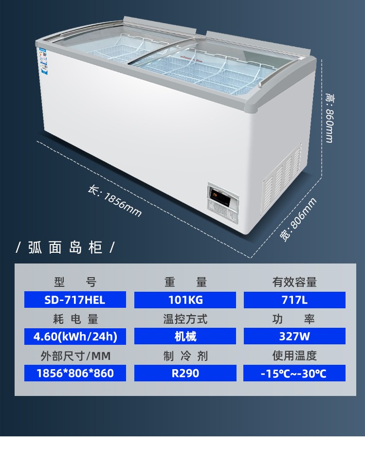 弧形门冰柜海鲜冻品 大容量商超组合岛柜冷冻雪糕柜 雪糕柜332升 一级