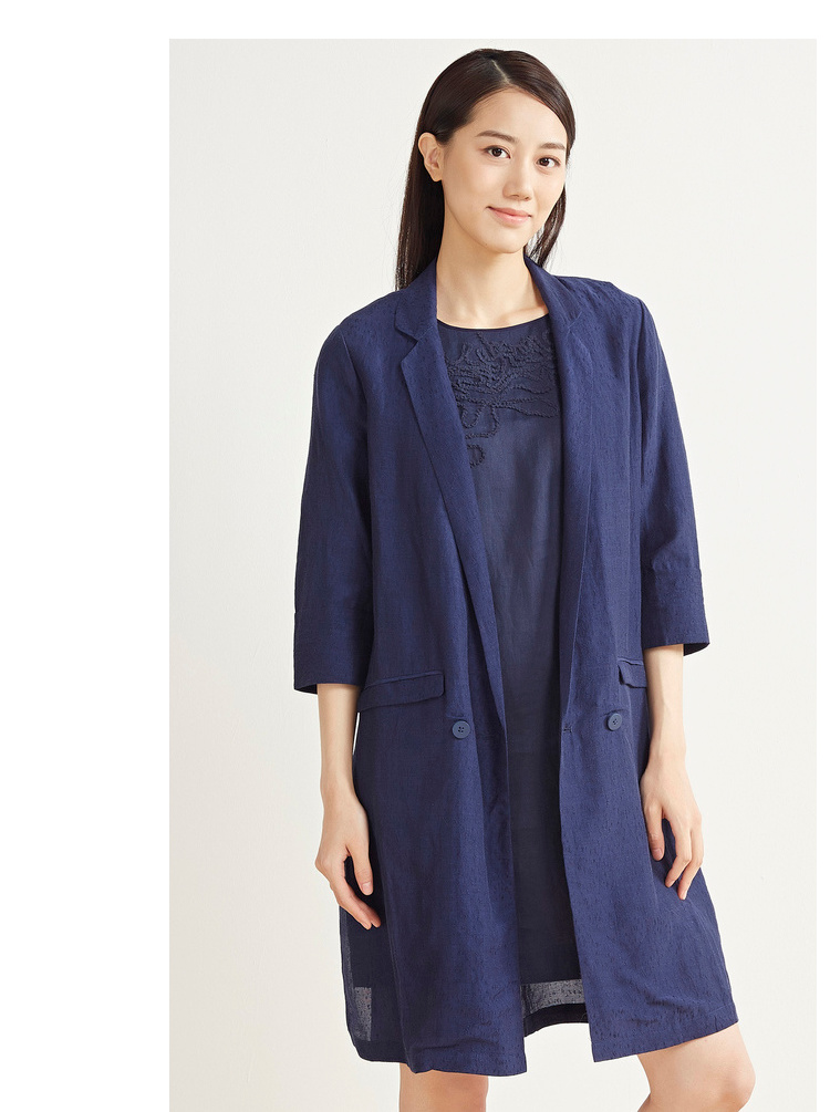 布景风衣女商场同款一粒扣纯色五分袖直筒中长款棉麻外套白色l