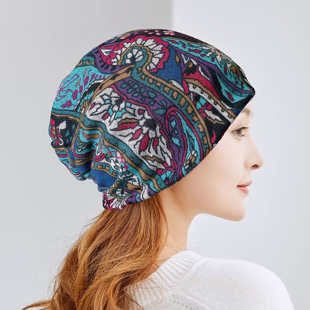 头巾帽包头帽秋韩版帽子女多用冬套头帽脖套帽印花堆堆帽护耳帽灰底