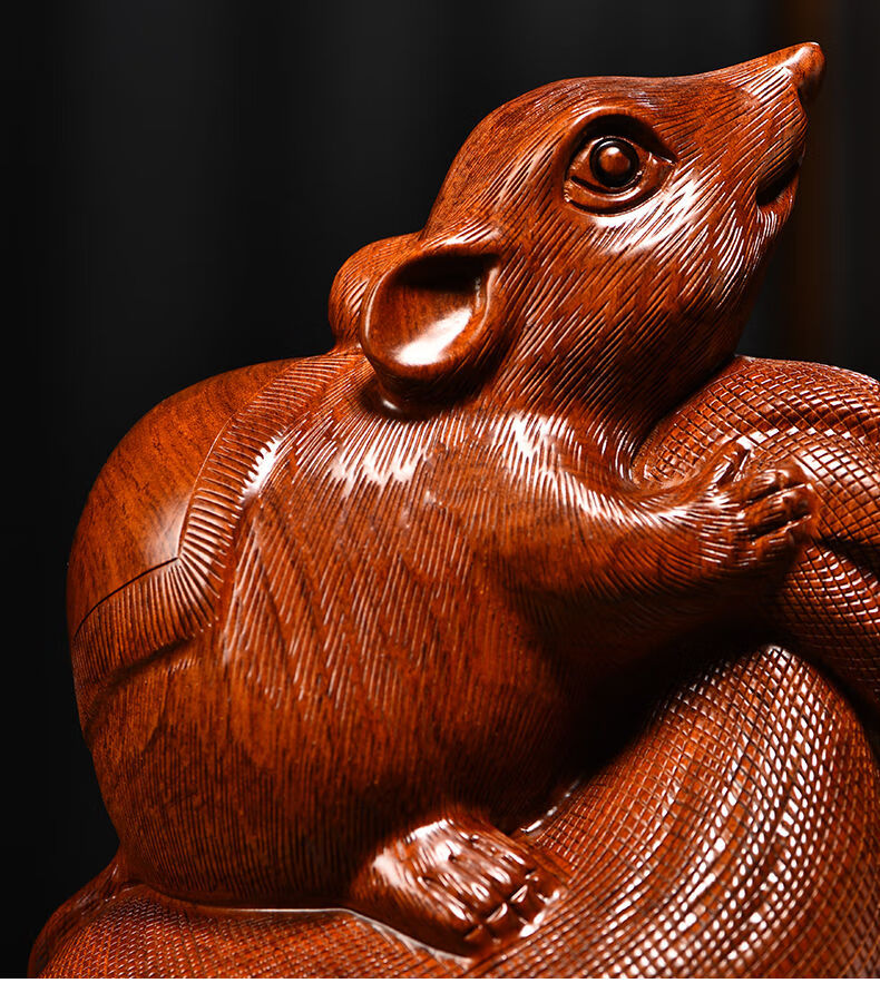 老鼠实木头雕刻动物生肖新居客厅办公司好友生日工艺礼品 〈手工实木