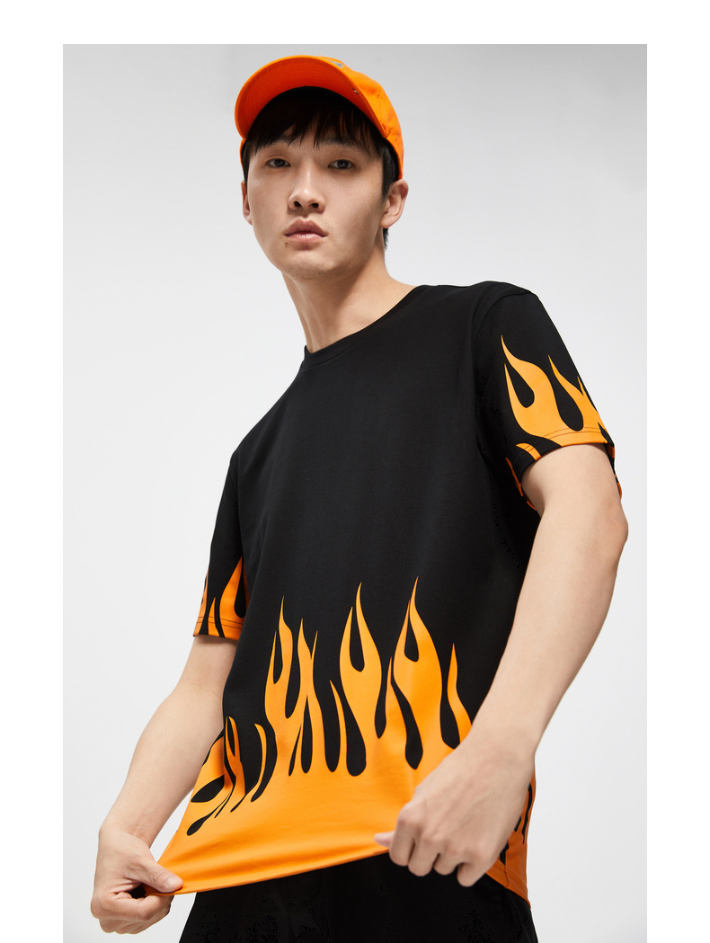 卡宾男装圆领短袖t恤2020春夏火焰印花黑色情侣装潮流ins宽松h黑色