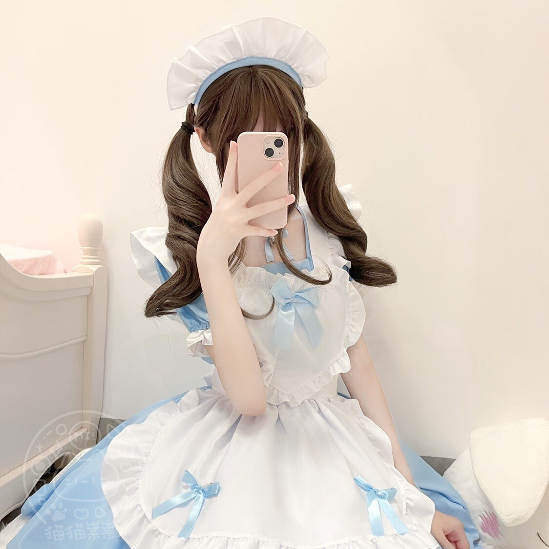 正经猫猫祟祟～日系动漫经典黑白爱心小围裙可爱软妹二次元cos 蓝色 l