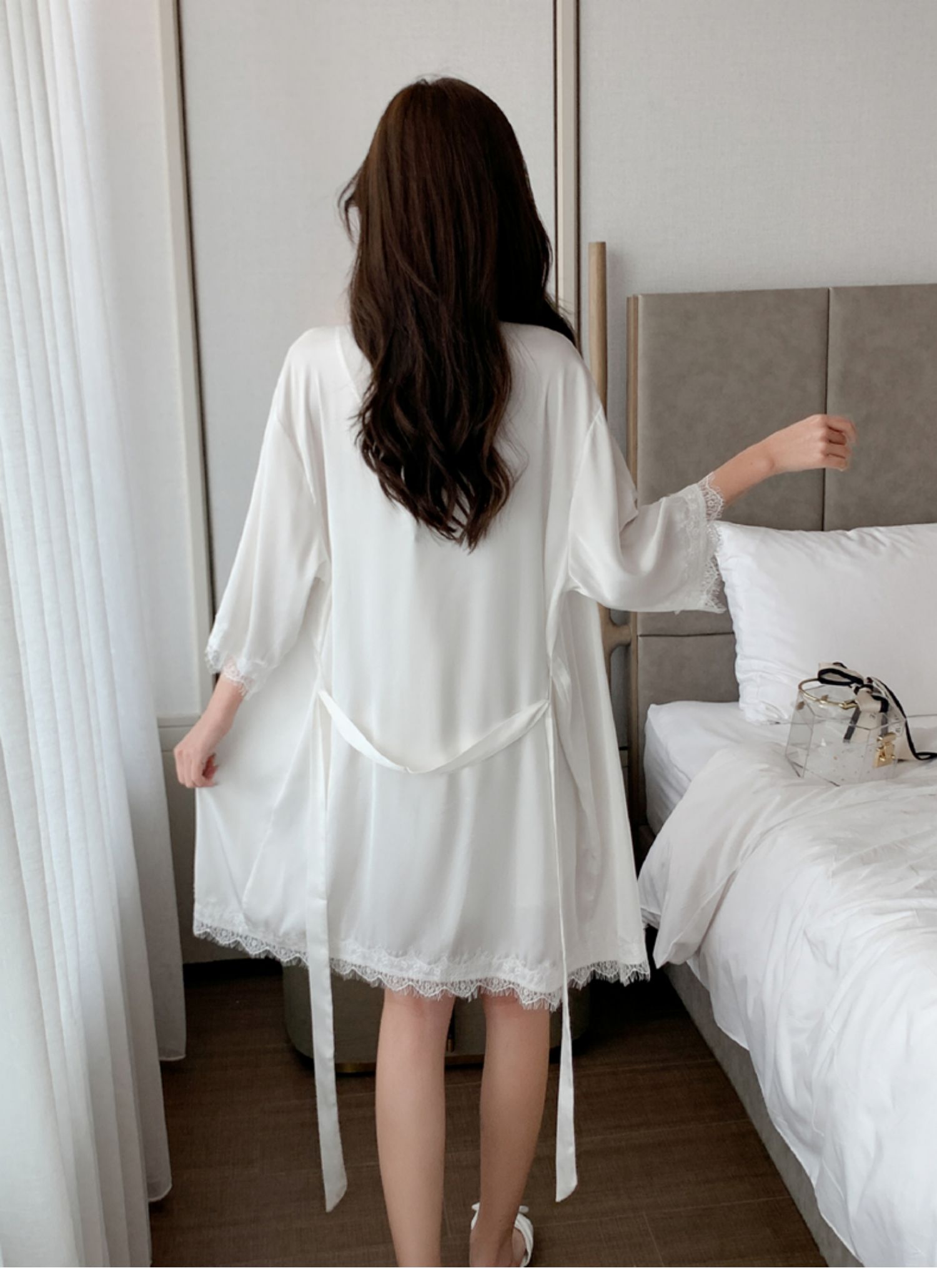 韩版性感女士睡袍女夏季冰丝薄款吊带蕾丝花边纯色睡衣女丝绸夏款长袖