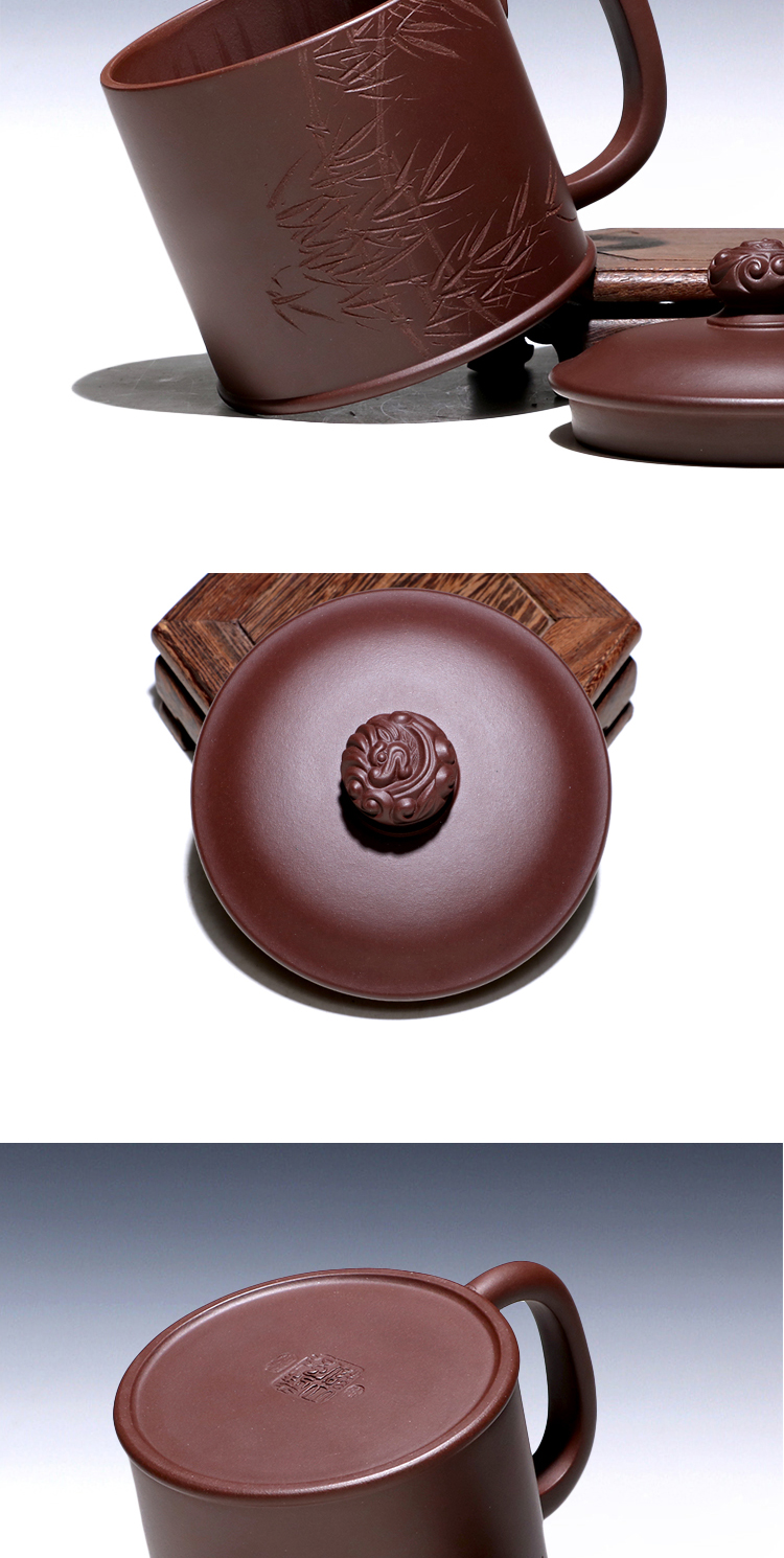 两笔宜兴紫砂杯国工储立强全手工紫泥刻绘清风竹影盖杯