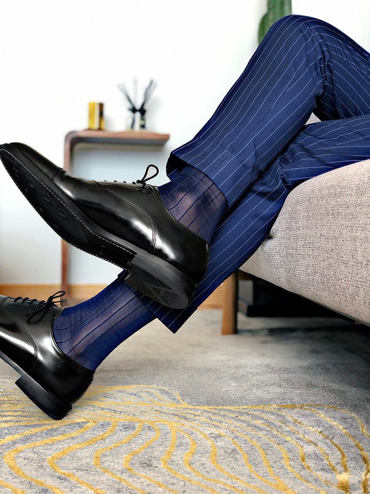 2双男士正装商务袜中筒锦纶丝袜欧美性感条纹袜子黑色窄条纹均码