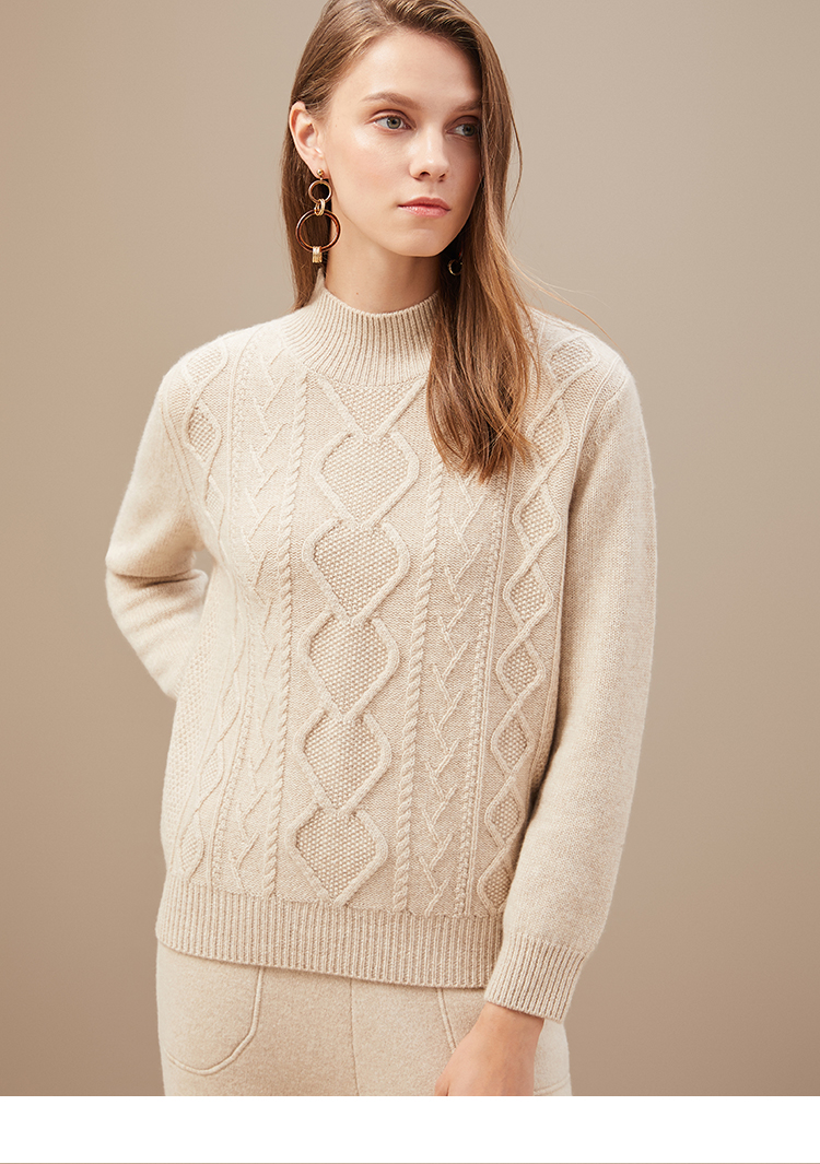 珍贝女加厚羊绒衫秋冬新款半高领绞花长袖保暖毛衣tm5945松lu红2330xl