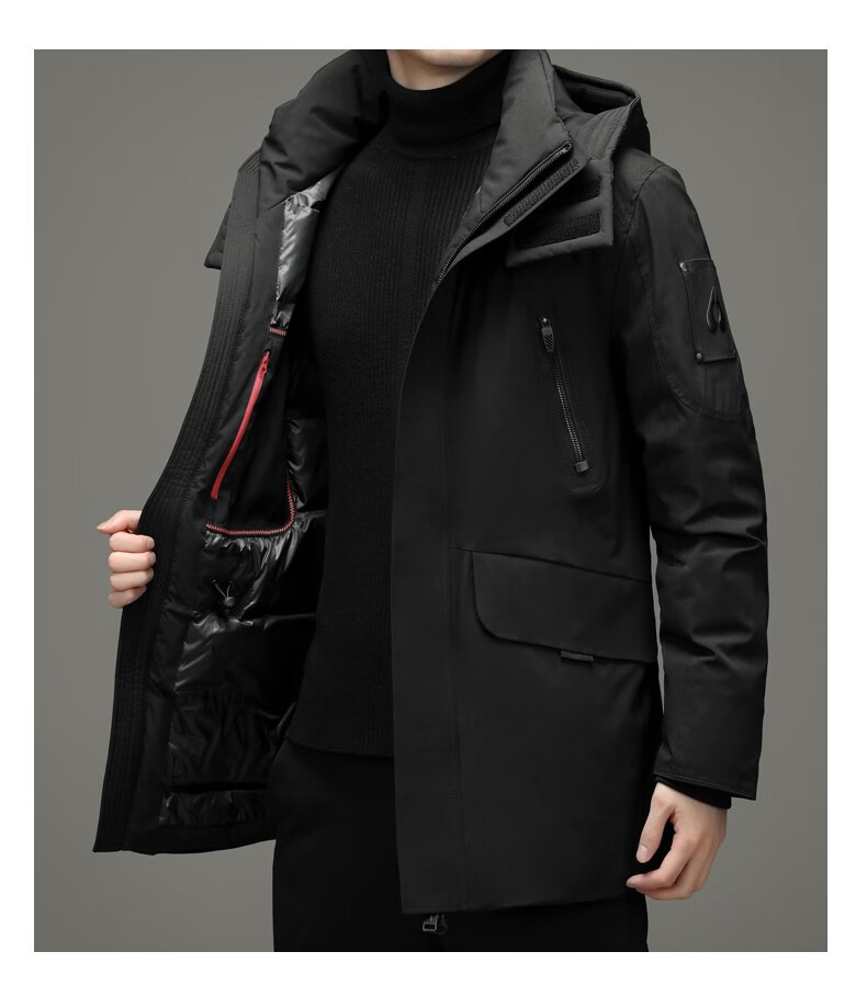 袋鼠男士中长款连帽羽绒服外套中青年男士简约时尚90%白鹅绒填充男士