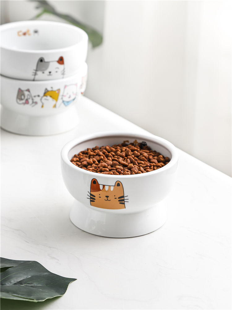宠物陶瓷碗可爱猫碗高脚陶瓷猫粮碗水碗宠物碗防颈椎病猫食盆防翻宠物