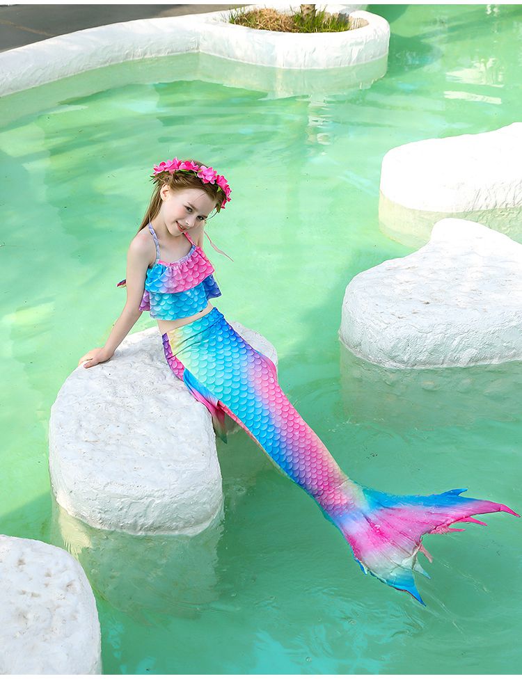 美人鱼尾巴女童儿童泳衣女童夏宝宝小童小女孩游泳衣套装61彩虹黄三