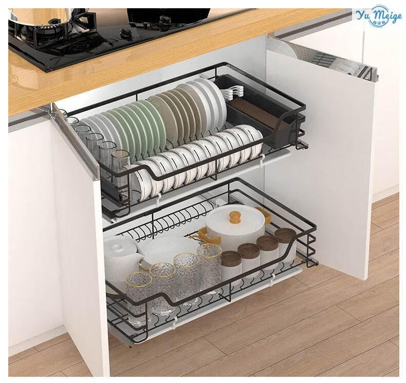 新款海斯伯格304不锈钢拉篮厨房橱柜碗柜双层抽屉式开门阻尼轨道地柜