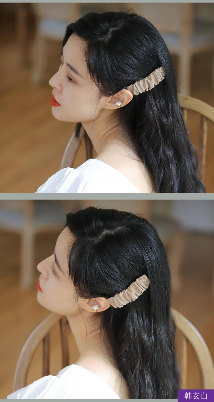 韩玄白 气质纯色褶皱发夹夹刘海bb夹春夏简约少女侧边发卡 米白 杏黄