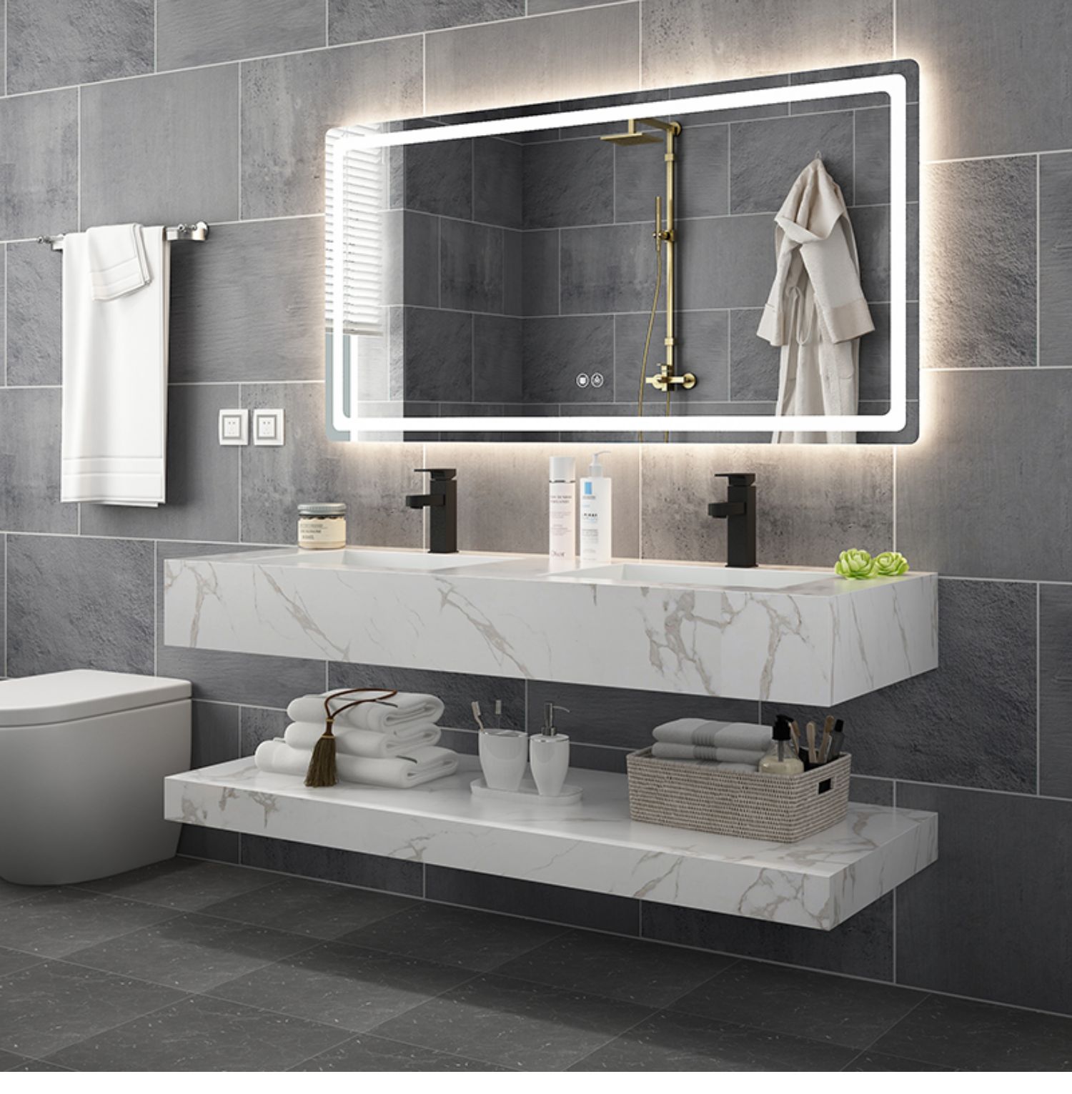 德利丰岩板一体盆浴室柜洗脸池洗漱台盆柜现代简约酒店风卫浴 80cm