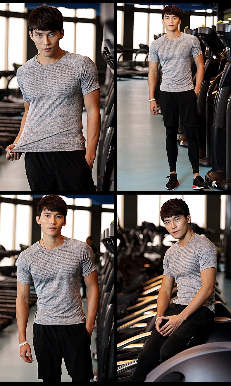 瑜伽服男黑色健身服裤运动套装男紧身速干透气吸湿跑步服套装 浅蓝色