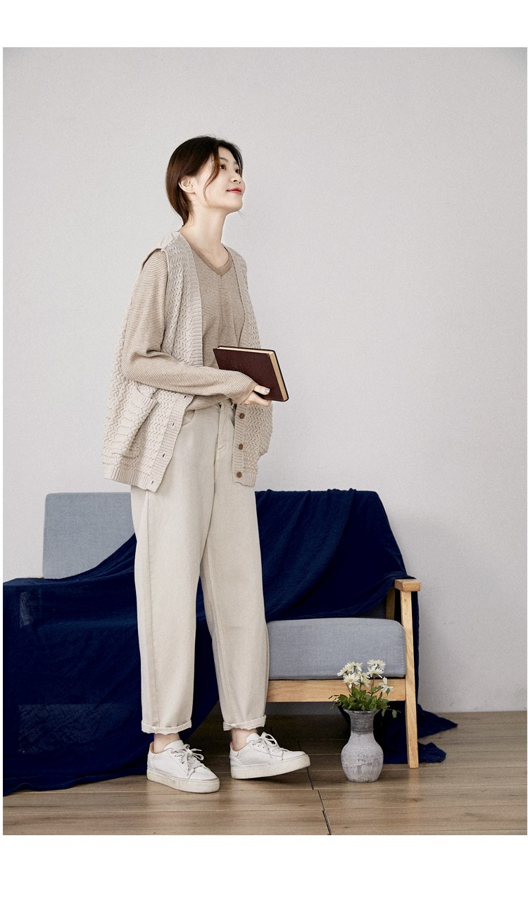 谷家 高腰宽松纯棉休闲长裤女 2020春秋季新款松紧腰卡其色阔腿裤