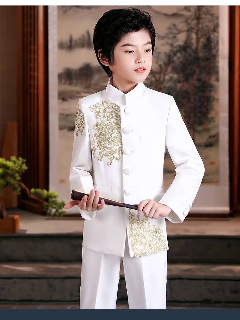 儿童中山装表演服六一走秀演出服民国中大童白色钢琴演奏服小主持人