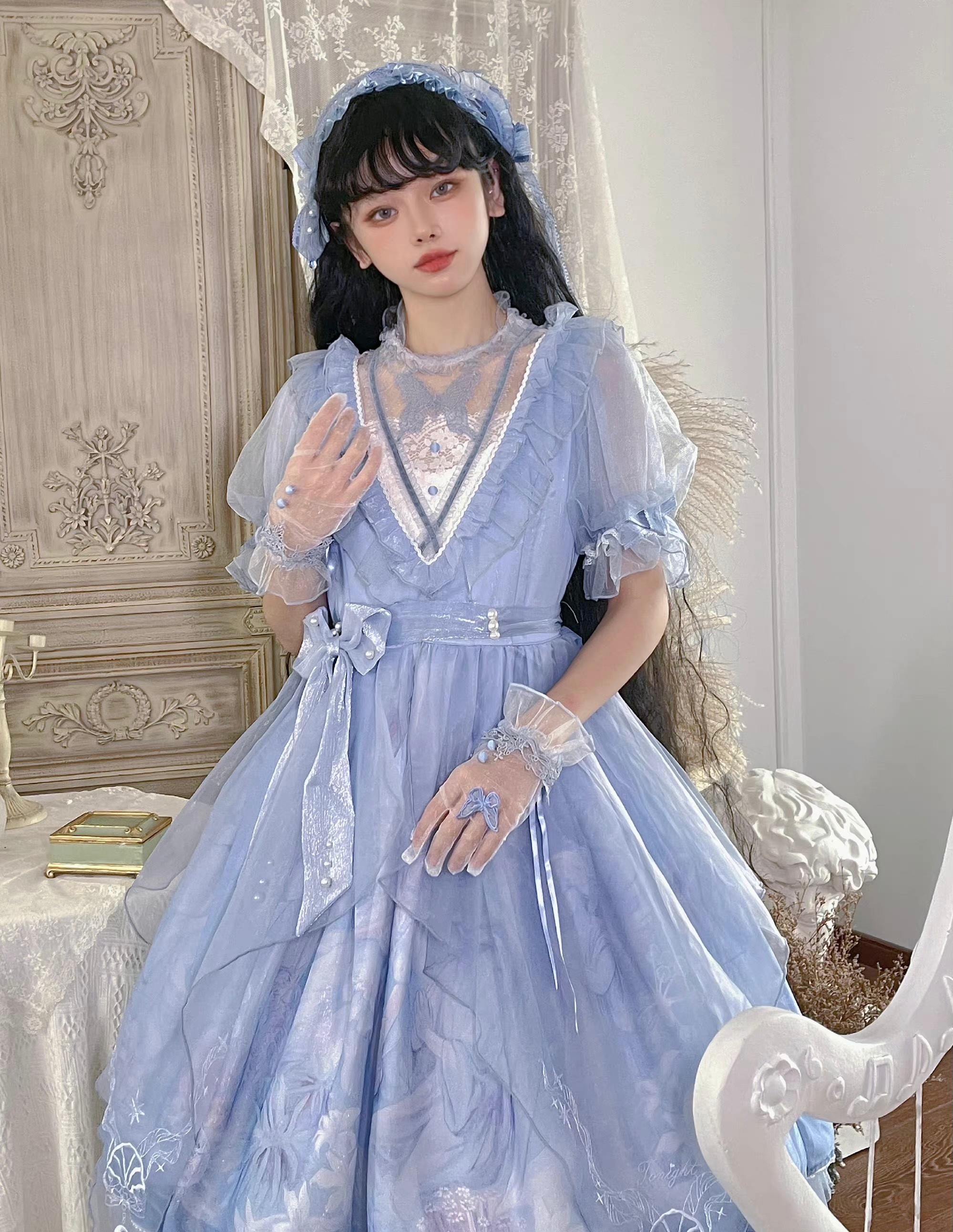 深海医院原创正品华丽珍珠刺绣lolita洛丽塔op洋装甜美连衣裙浅蓝色op