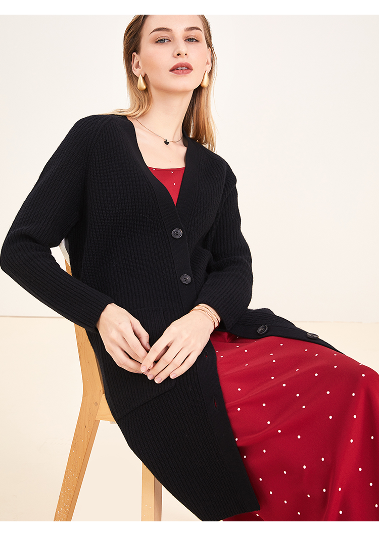 珍贝女装秋冬新品加厚羊绒衫v领开衫长袖中长款上衣外套毛衣tm5903m