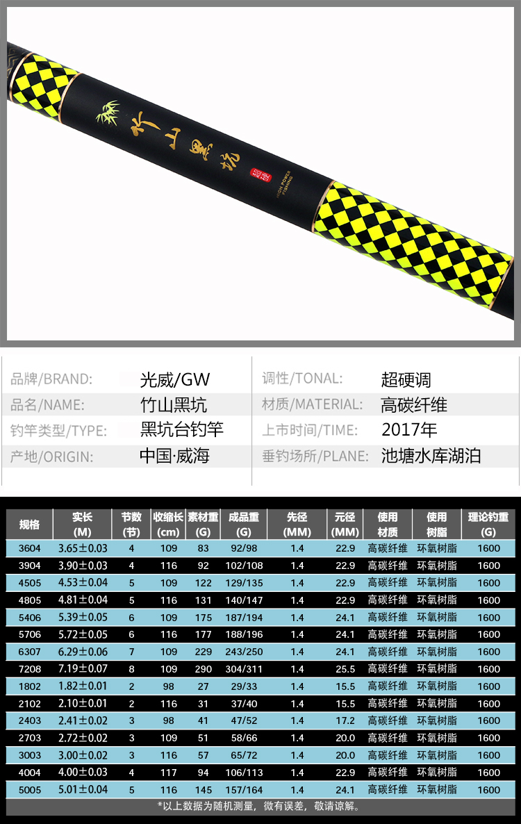 光威竹山黑坑鲫鱼竿超轻超硬台钓竿碳素手竿垂钓渔具 竹山鲫3.